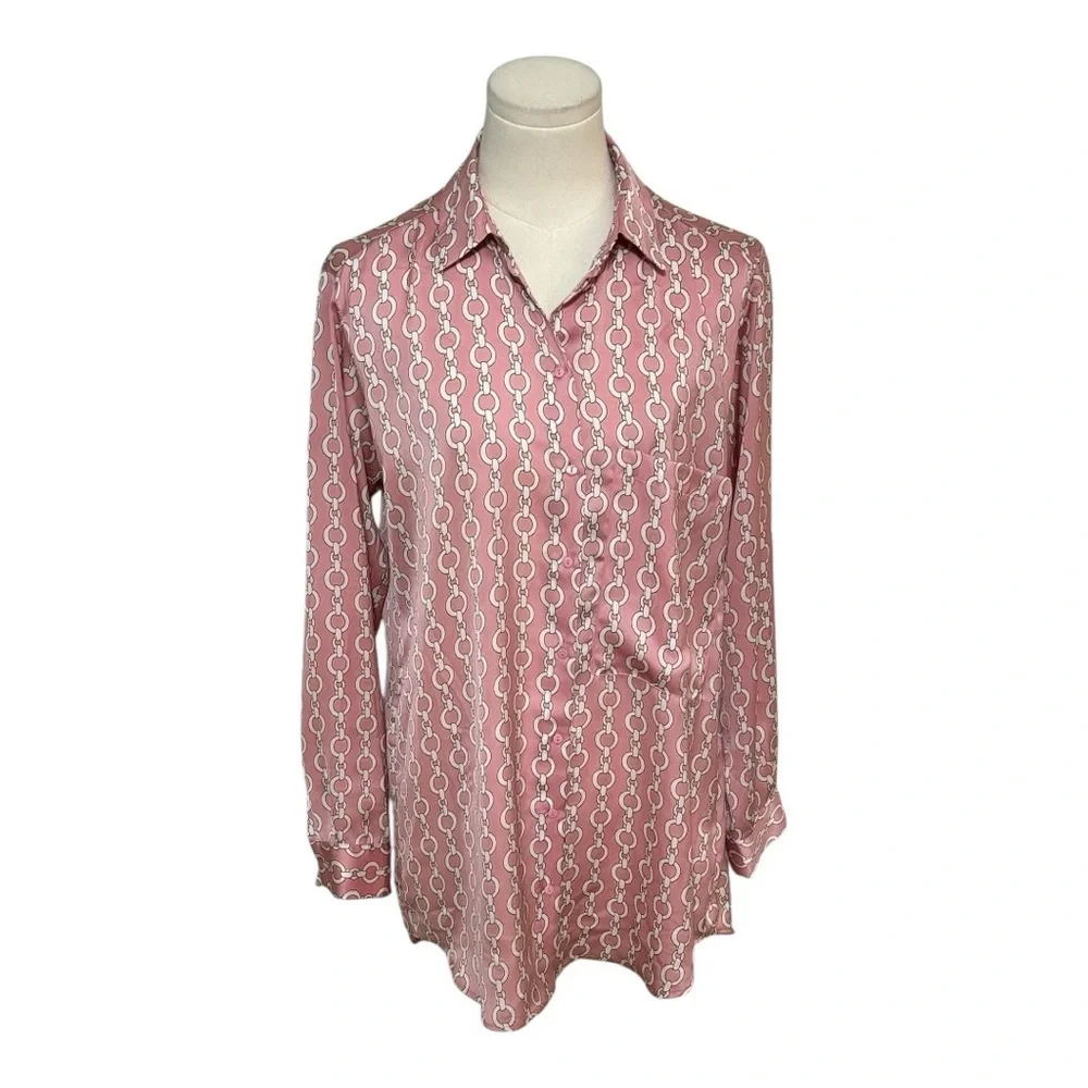 ZARA Pink White Chain Link‎ Silky Button Down Top Shirt Blouse Size S Work Party - Picture 2 of 6
